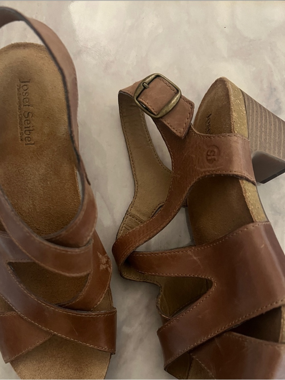 Josef Seibel Tan Brown Leather Heeled Slingbacks euro 38/US 8